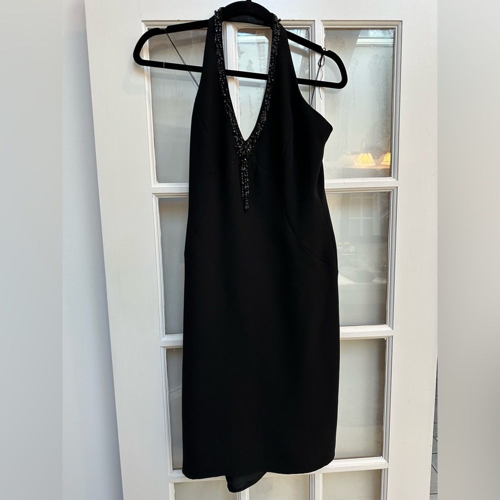 Vintage Y2K Maggy London Black Halter Beaded V-Neck Whimsigoth Dress Size 4P